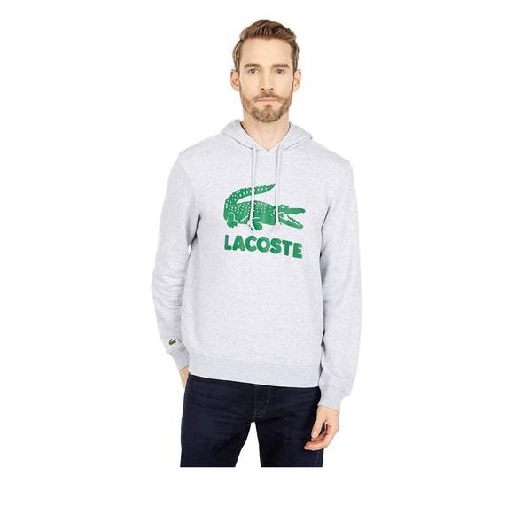 Lacoste Mens Long Sleeve Flocked Graphic Croc Hooded Sweatshirt Silver - Picture 3 of 6